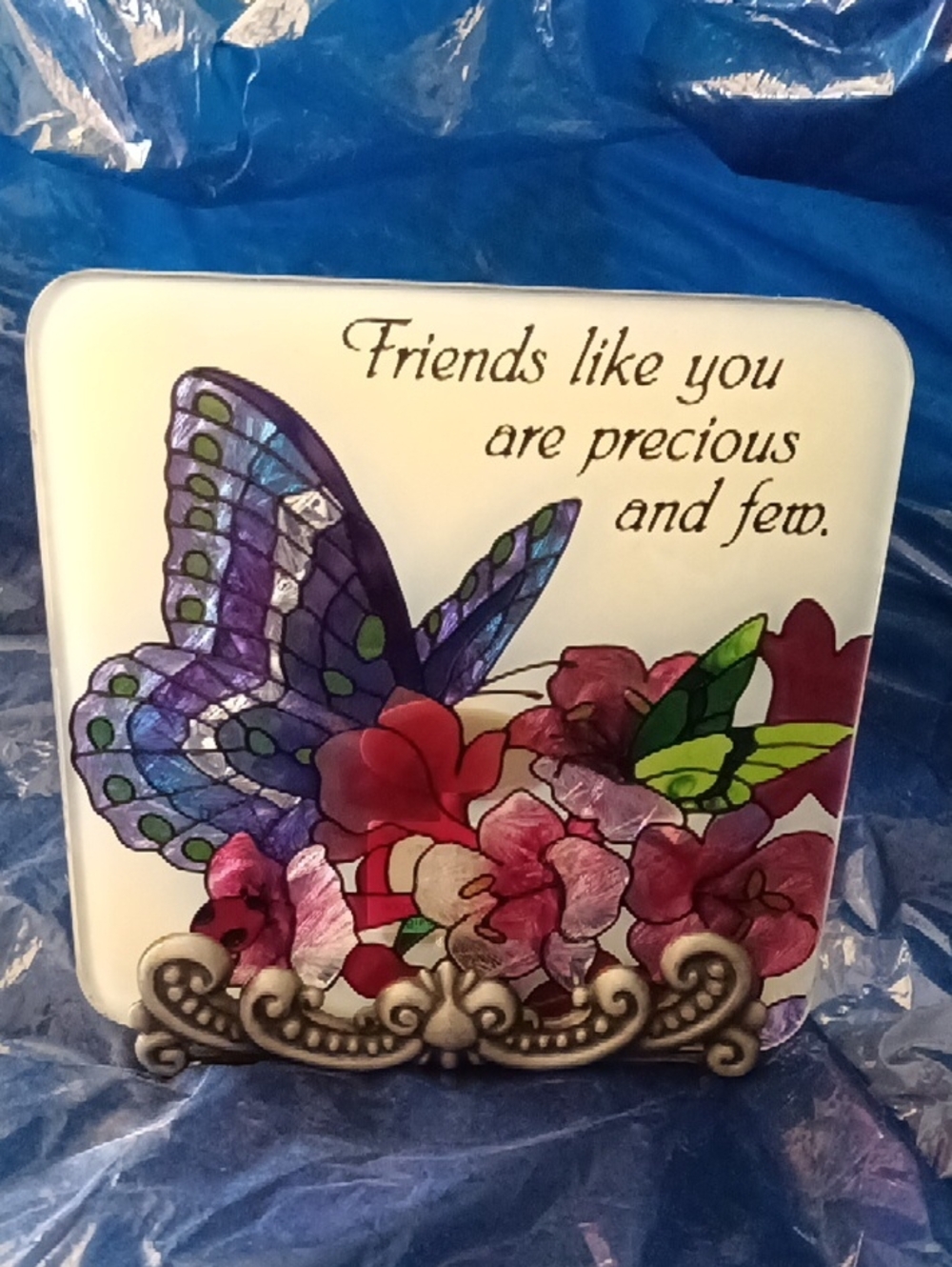 Decorative Blue Butterfly Floral Plaque - Friends Like You